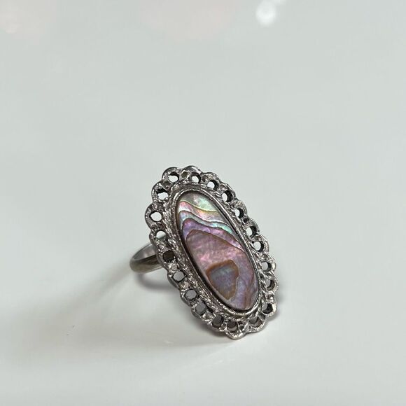 Vintage Silver Mexican Navajo Iridescent Abalone Moonstone Filigree Oval Ring - Picture 10 of 11
